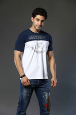 Dark Blue with White Graphic Print Round Neck Stretchable T-Shirt
