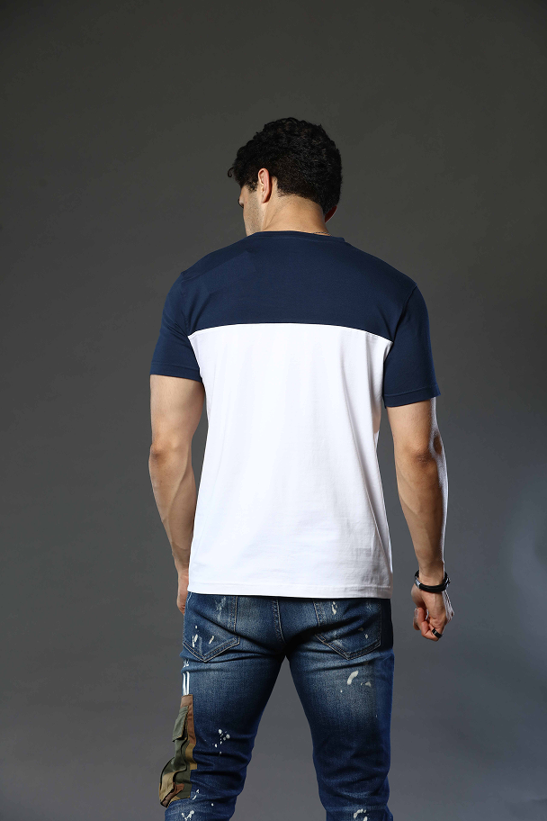 Dark Blue with White Graphic Print Round Neck Stretchable T-Shirt