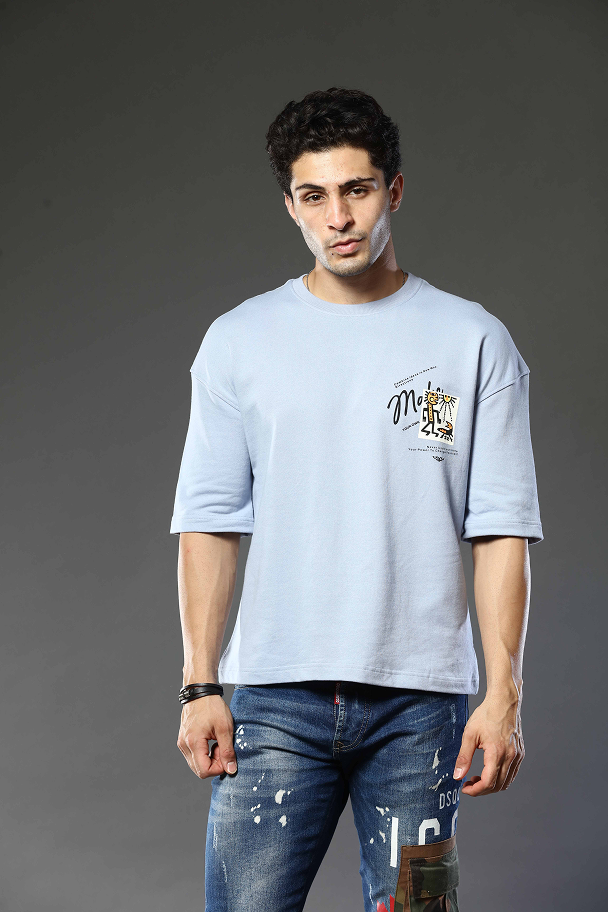 Light Blue Graphic Print Round Neck Oversized Drop Shoulder T-Shirt