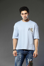 Light Blue Graphic Print Round Neck Oversized Drop Shoulder T-Shirt