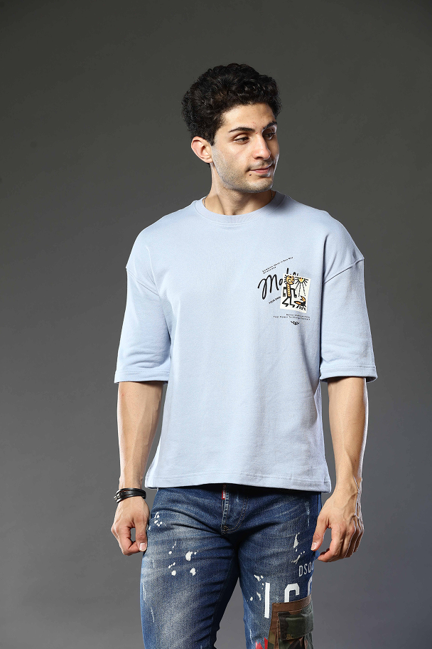 Light Blue Graphic Print Round Neck Oversized Drop Shoulder T-Shirt