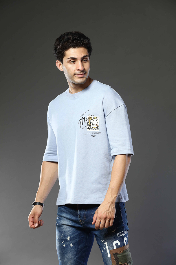 Light Blue Graphic Print Round Neck Oversized Drop Shoulder T-Shirt
