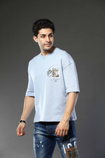 Light Blue Graphic Print Round Neck Oversized Drop Shoulder T-Shirt