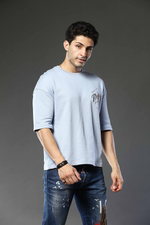 Light Blue Graphic Print Round Neck Oversized Drop Shoulder T-Shirt