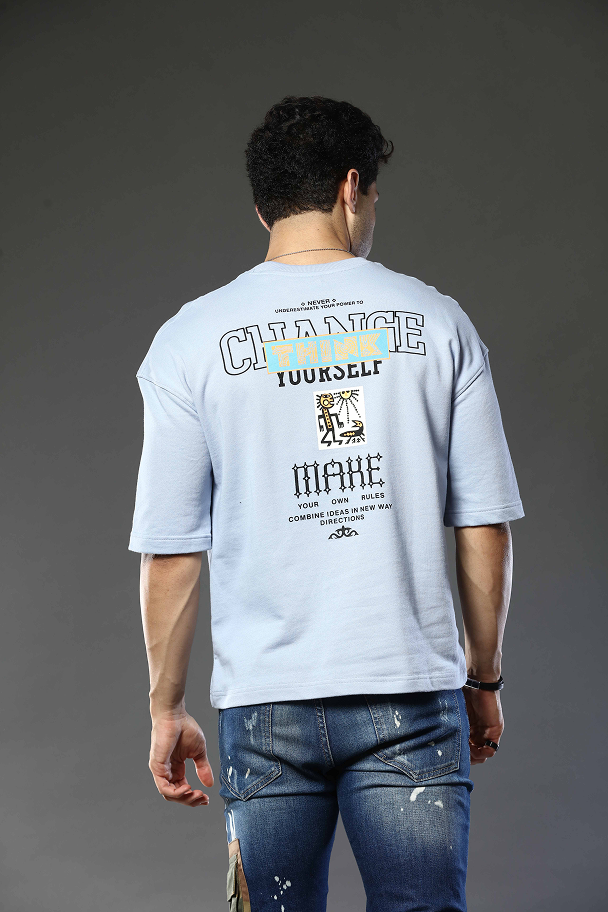 Light Blue Graphic Print Round Neck Oversized Drop Shoulder T-Shirt
