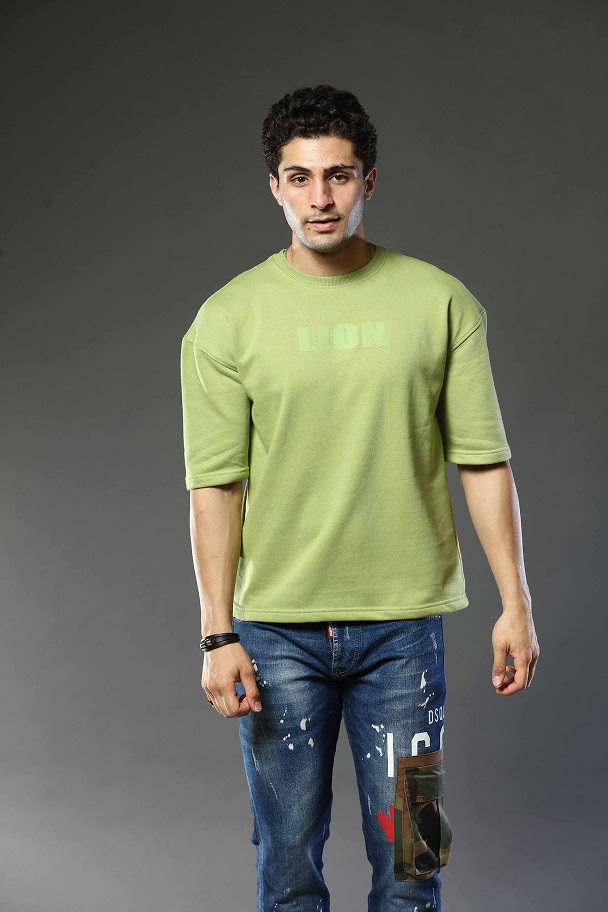 Light Green Patterned Round Neck Oversized Drop Shoulder T-Shirt