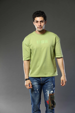 Light Green Patterned Round Neck Oversized Drop Shoulder T-Shirt