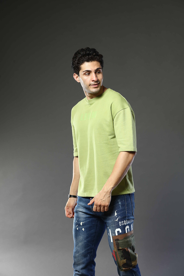 Light Green Patterned Round Neck Oversized Drop Shoulder T-Shirt