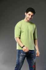 Light Green Patterned Round Neck Oversized Drop Shoulder T-Shirt