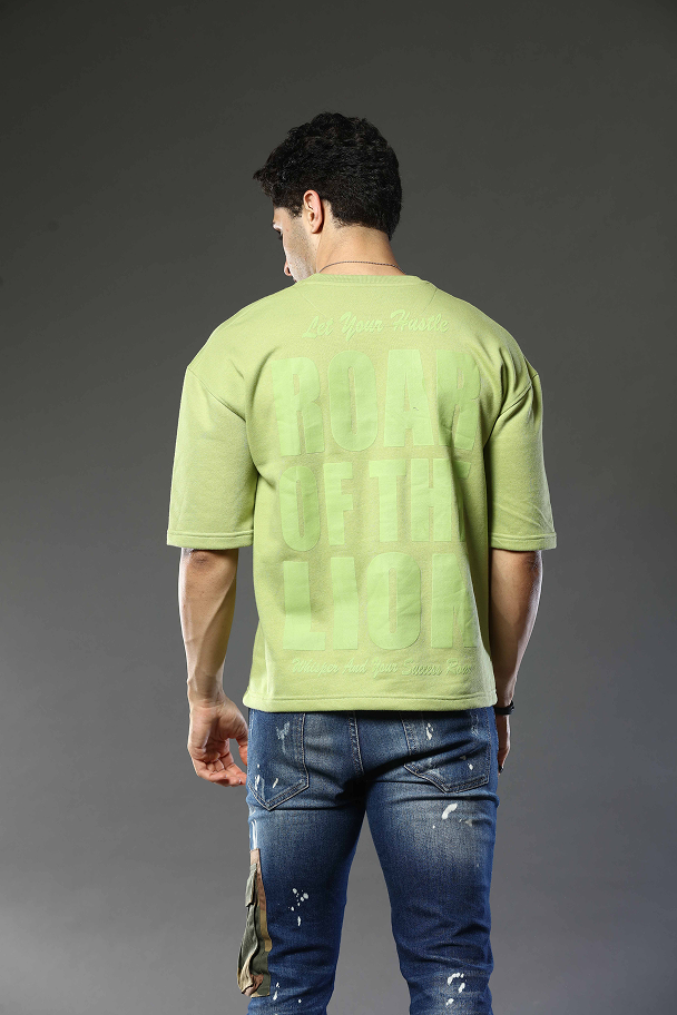 Light Green Patterned Round Neck Oversized Drop Shoulder T-Shirt