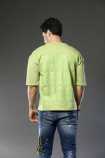 Light Green Patterned Round Neck Oversized Drop Shoulder T-Shirt