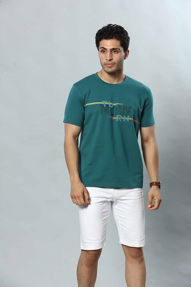 Teal Green Graphic Print Round Neck Stretchable T-Shirt