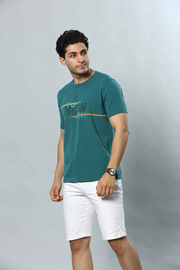 Teal Green Graphic Print Round Neck Stretchable T-Shirt