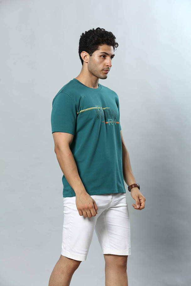 Teal Green Graphic Print Round Neck Stretchable T-Shirt