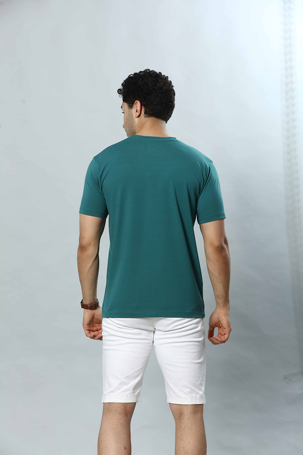 Teal Green Graphic Print Round Neck Stretchable T-Shirt