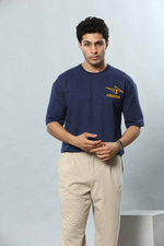 Dark Blue Graphic Print RoundNeck Oversized Drop Shoulder T-Shirt