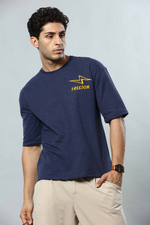 Dark Blue Graphic Print RoundNeck Oversized Drop Shoulder T-Shirt