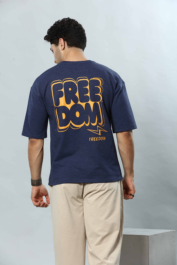 Dark Blue Graphic Print RoundNeck Oversized Drop Shoulder T-Shirt