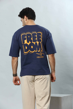 Dark Blue Graphic Print RoundNeck Oversized Drop Shoulder T-Shirt