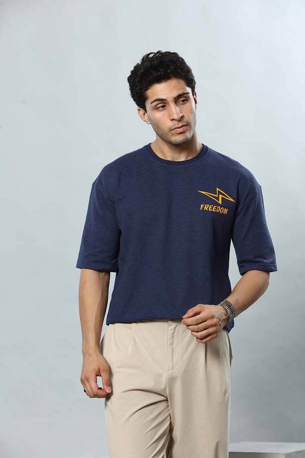 Dark Blue Graphic Print RoundNeck Oversized Drop Shoulder T-Shirt
