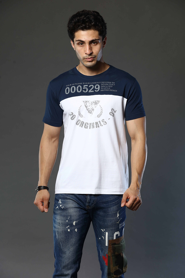 Dark Blue with White Graphic Print Round Neck Stretchable T-Shirt