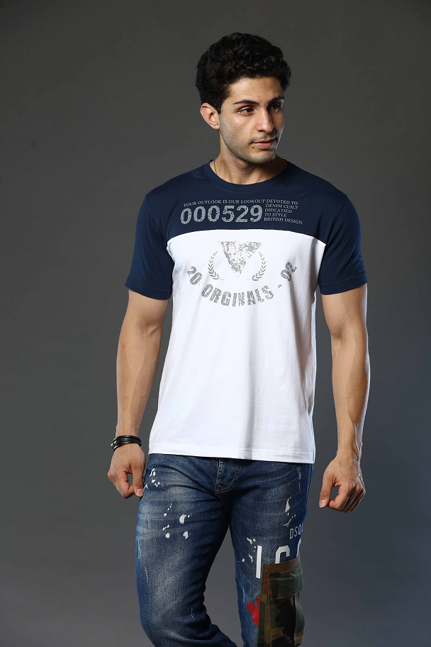 Dark Blue with White Graphic Print Round Neck Stretchable T-Shirt