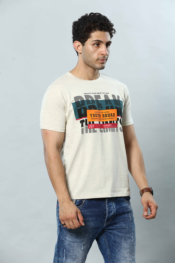 Beige Graphic Print Round Neck Stretchable T-Shirt