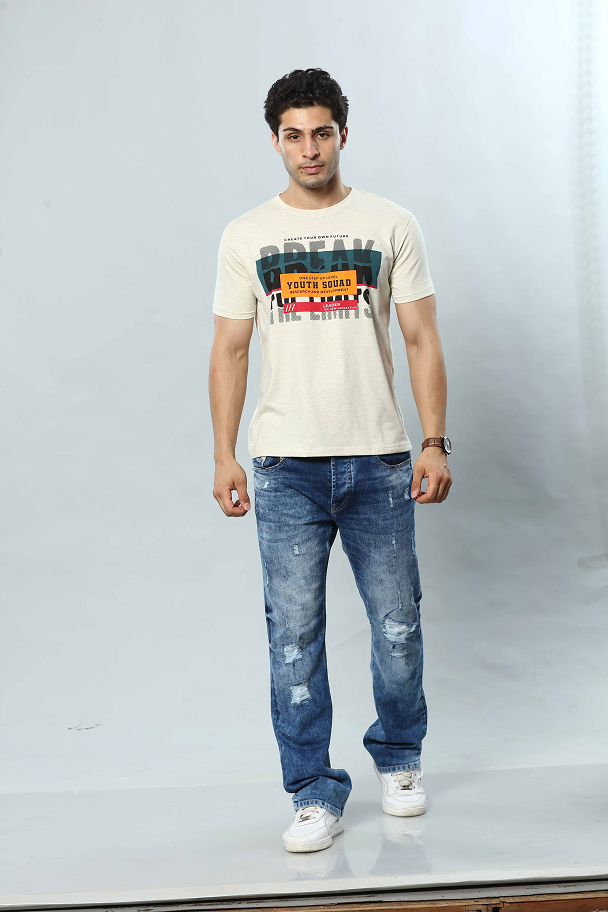 Beige Graphic Print Round Neck Stretchable T-Shirt