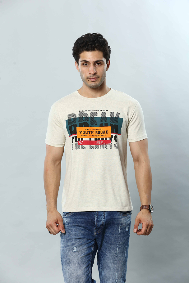 Beige Graphic Print Round Neck Stretchable T-Shirt