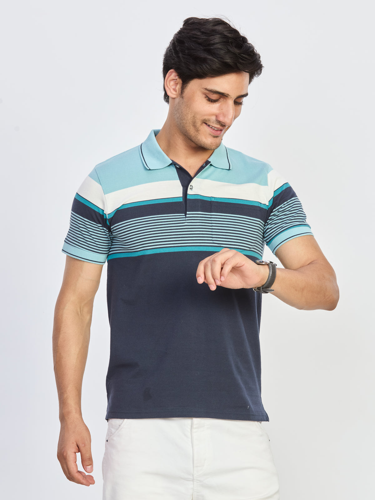 Navy Blue & Aqua Striped Polo T-Shirt