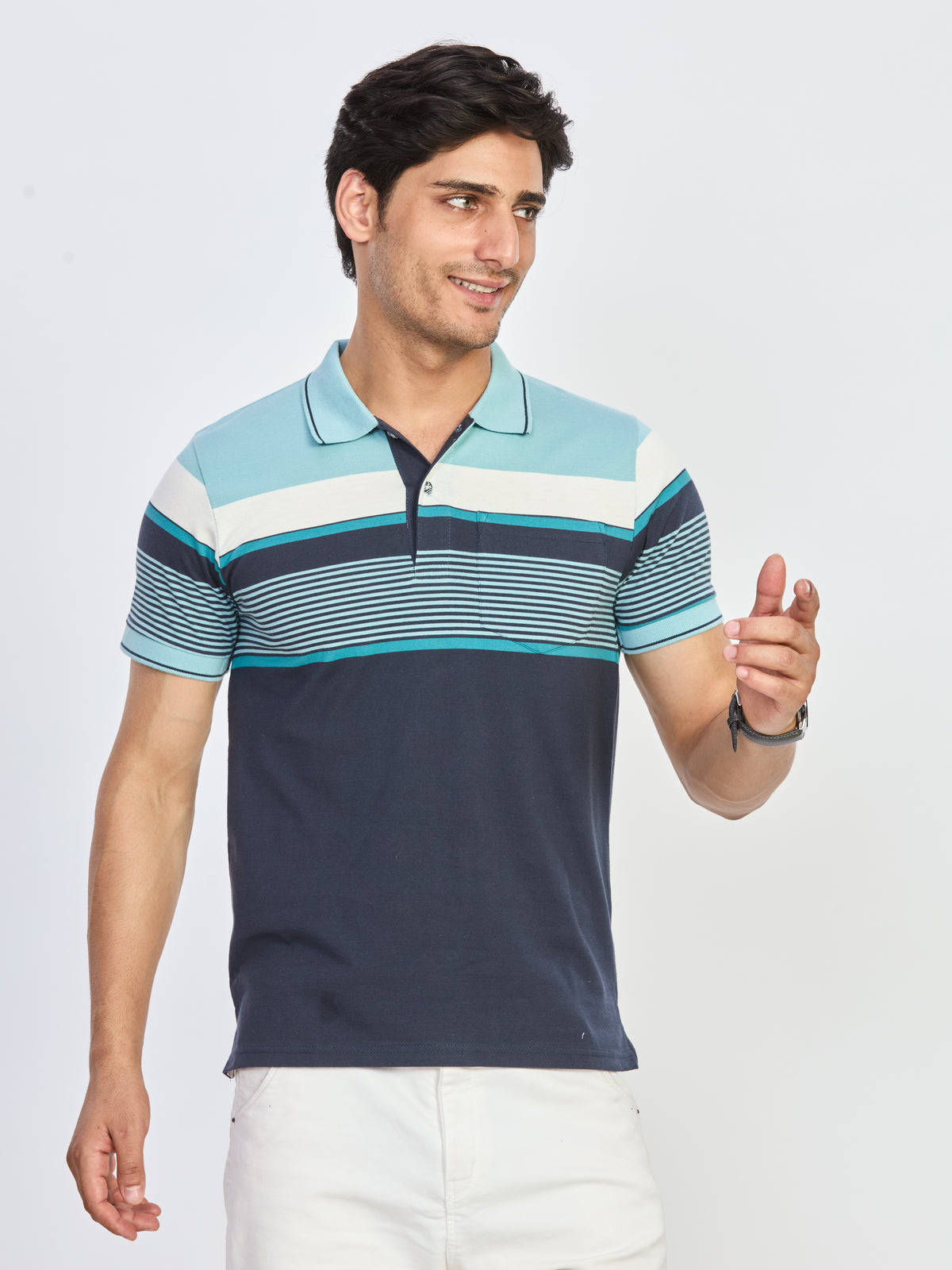 Navy Blue & Aqua Striped Polo T-Shirt