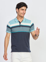 Navy Blue & Aqua Striped Polo T-Shirt