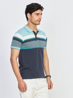 Navy Blue & Aqua Striped Polo T-Shirt
