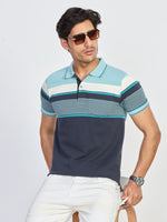 Navy Blue & Aqua Striped Polo T-Shirt