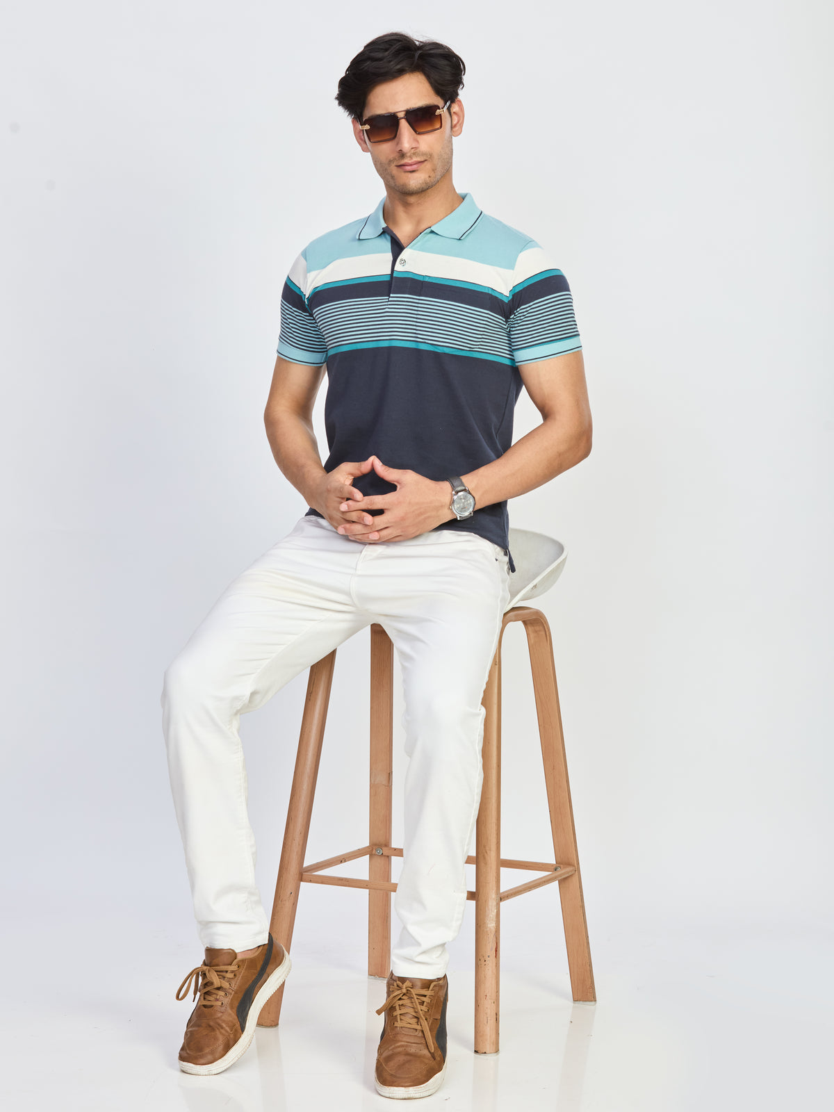 Navy Blue & Aqua Striped Polo T-Shirt