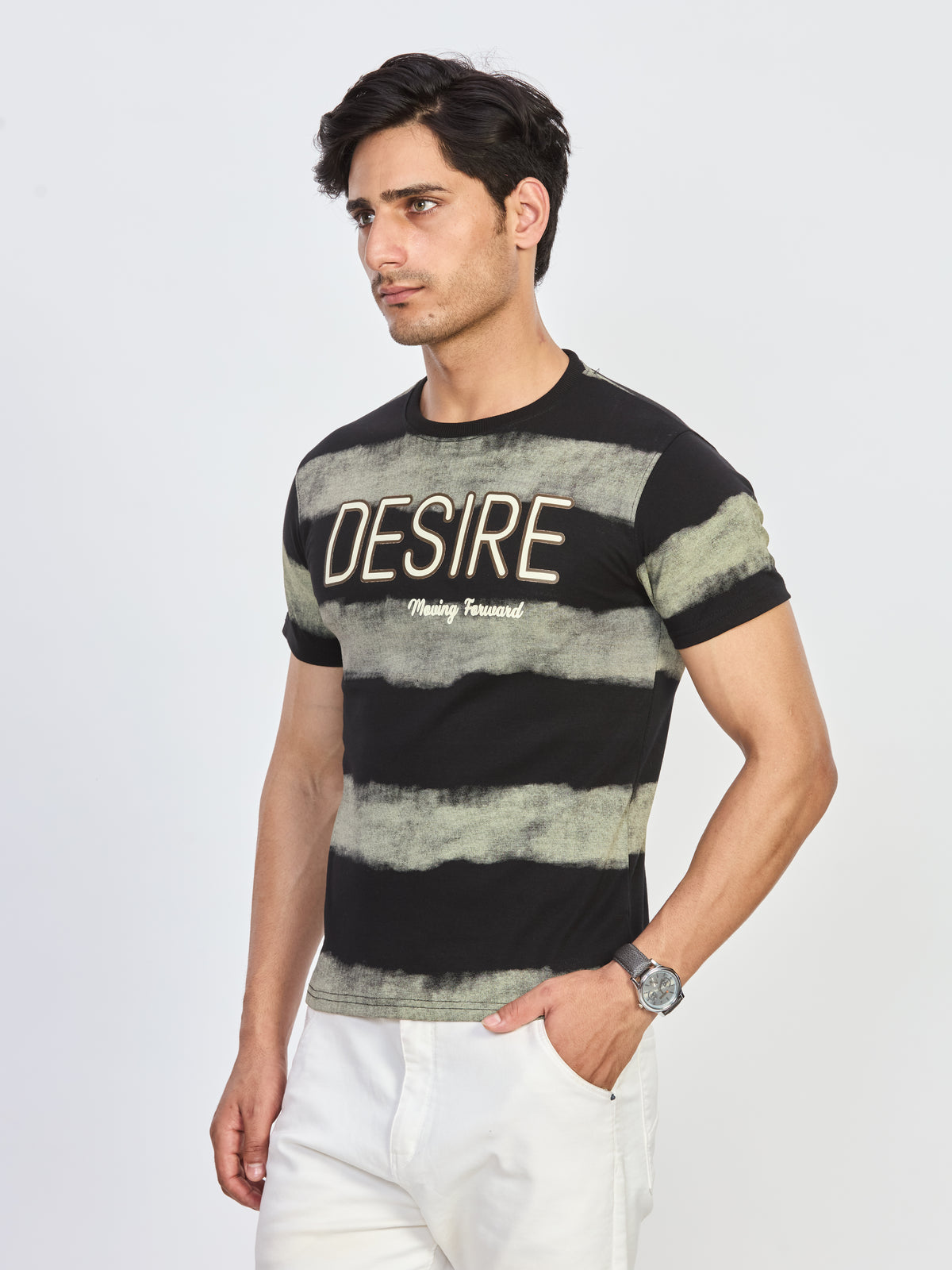 Black & Olive Desire Print Round Neck T-Shirt