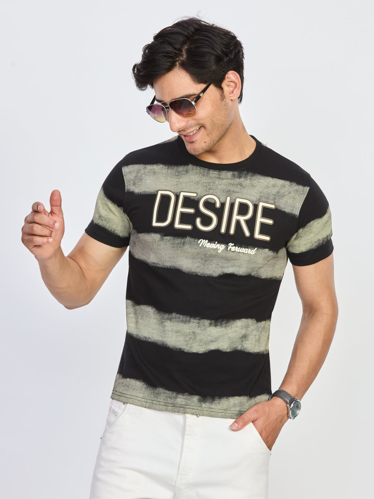 Black & Olive Desire Print Round Neck T-Shirt