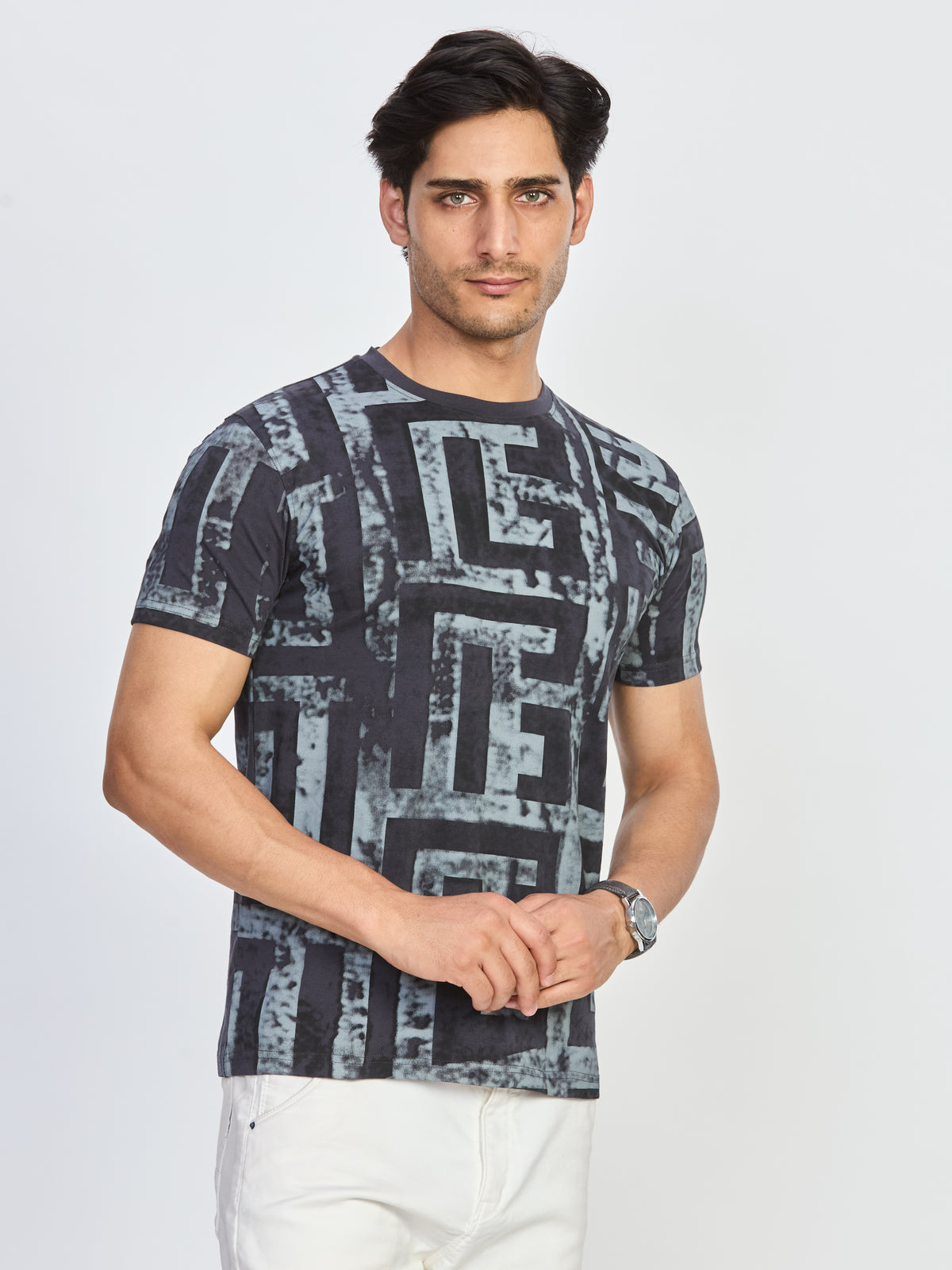 Charcoal Maze Print Round Neck T-Shirt