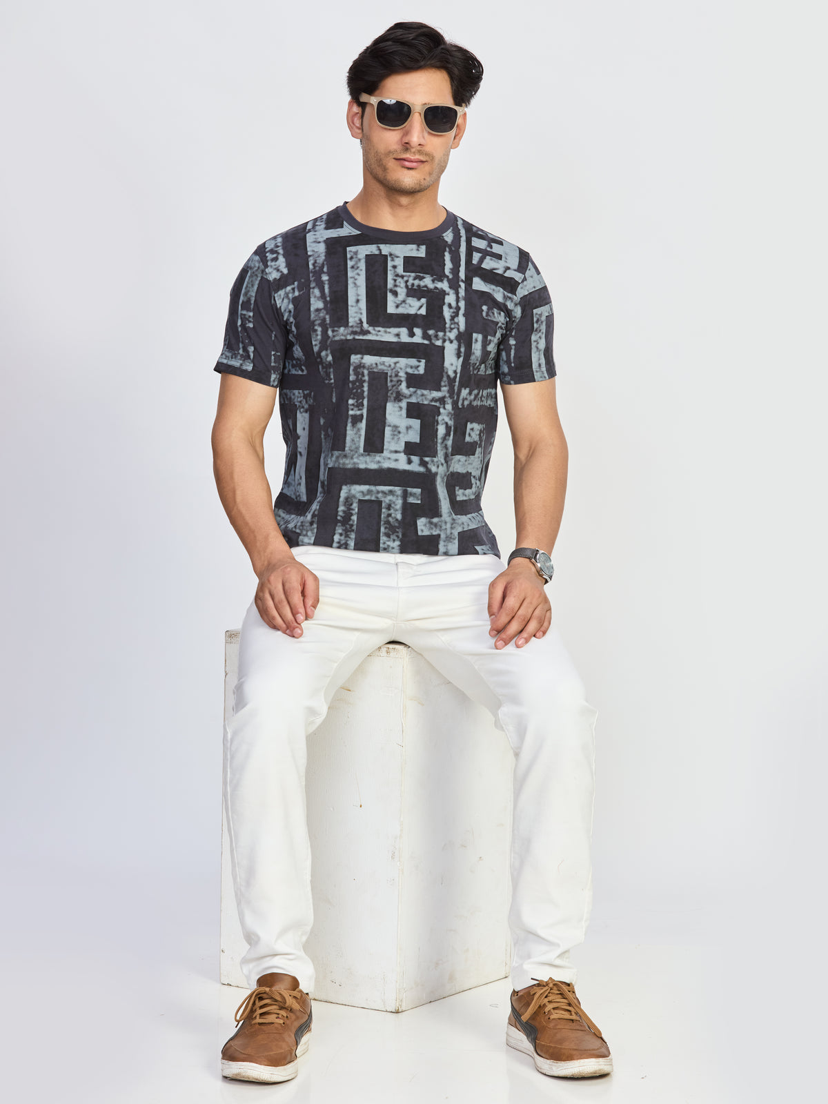 Charcoal Maze Print Round Neck T-Shirt