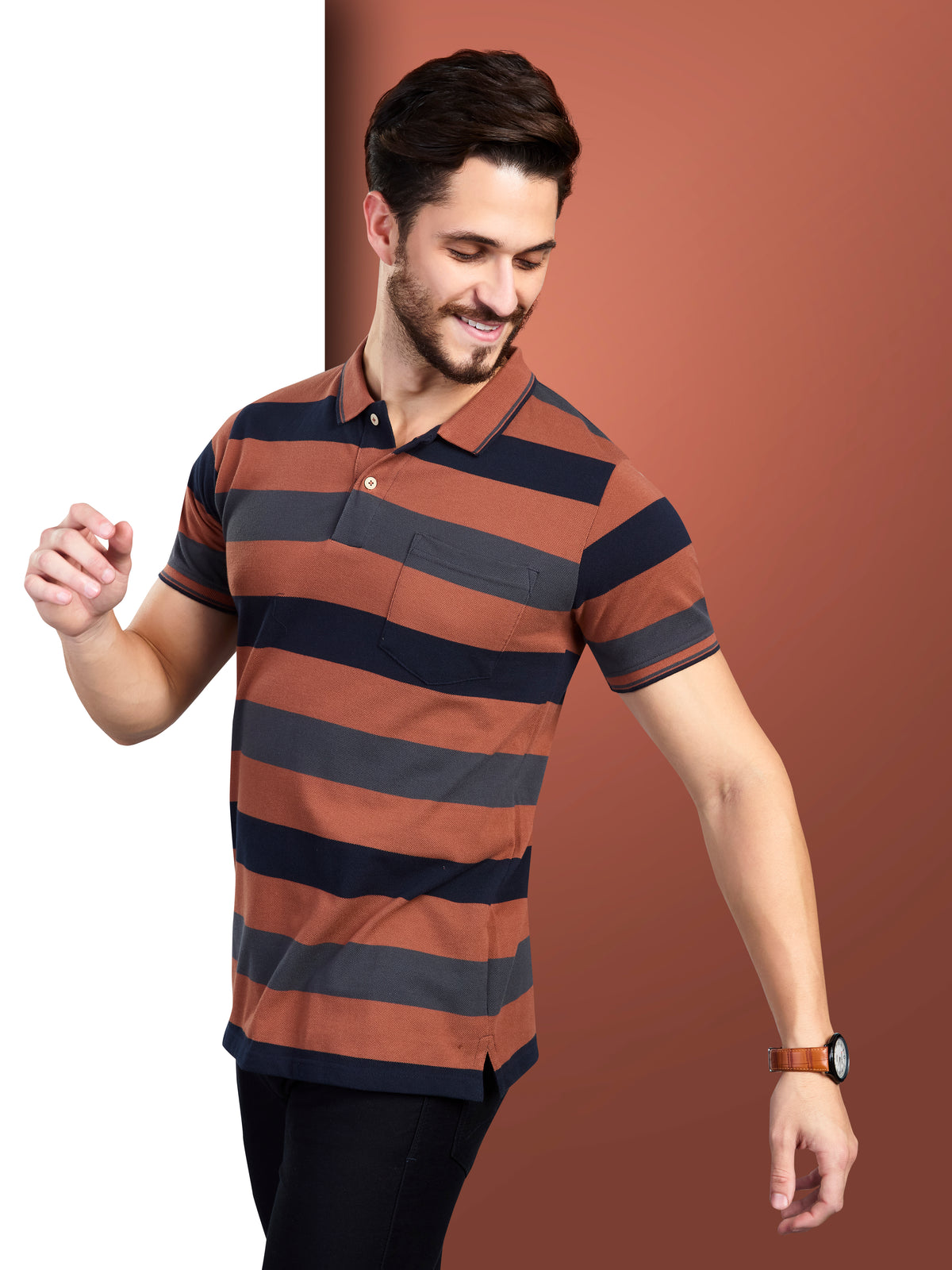 Rust Striped Polo Neck T-Shirt