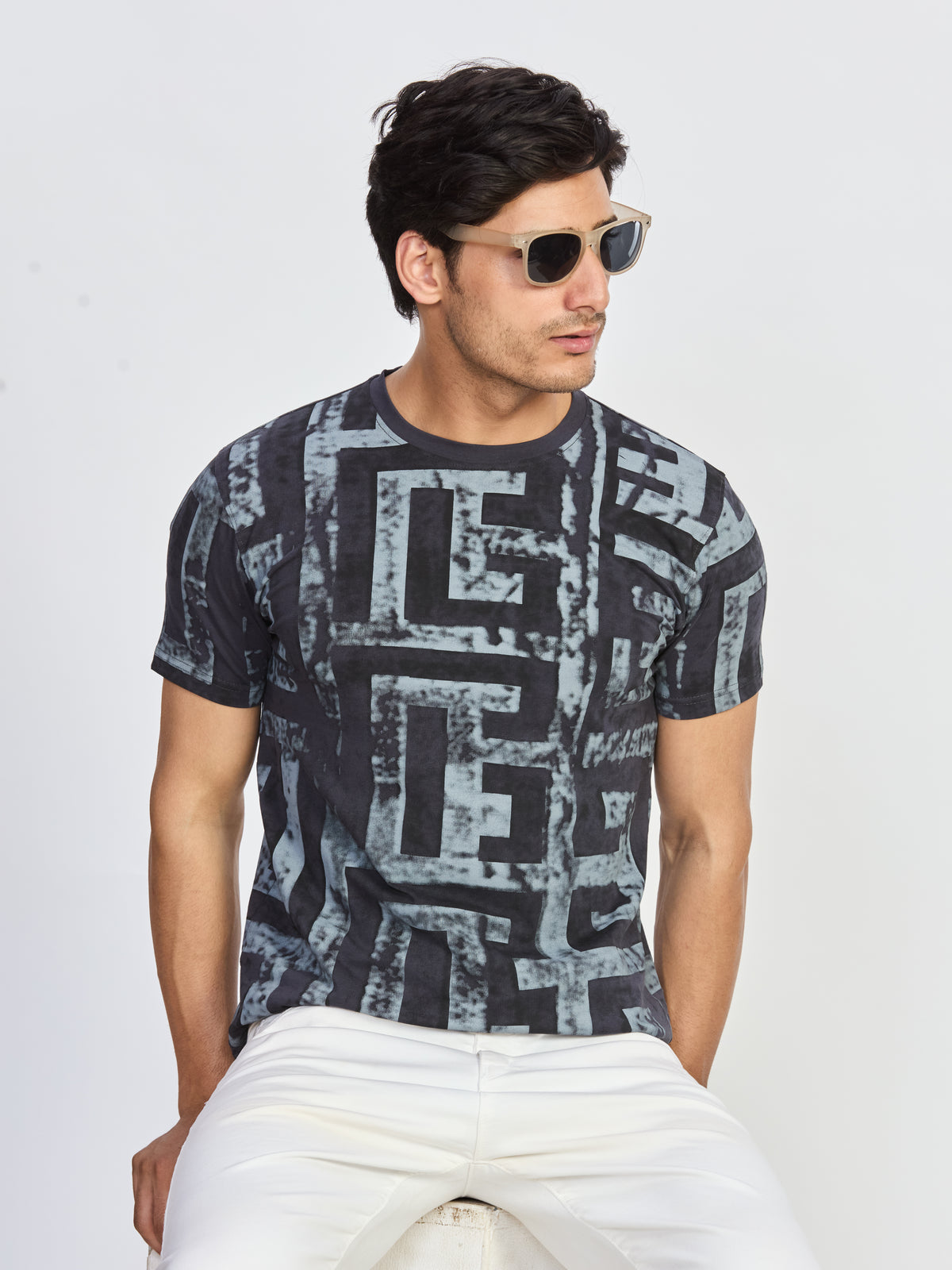 Charcoal Maze Print Round Neck T-Shirt