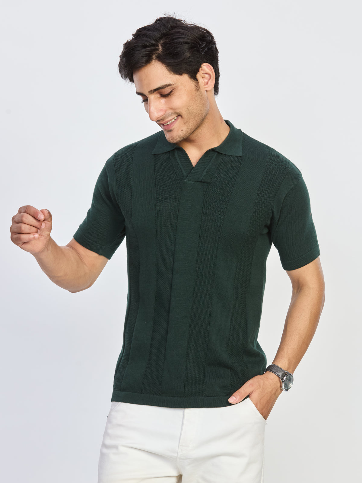 Bottle Green Textured Knitted Polo T-Shirt