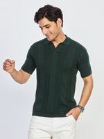 Bottle Green Textured Knitted Polo T-Shirt