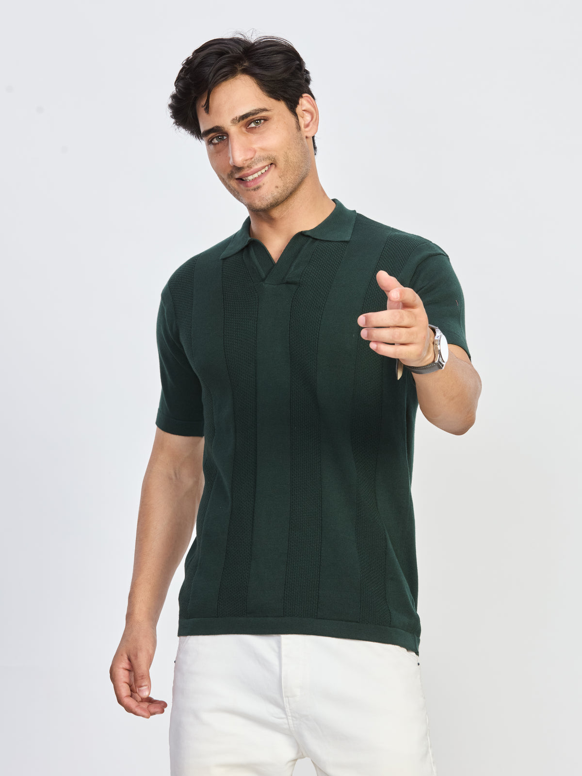 Bottle Green Textured Knitted Polo T-Shirt