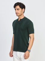 Bottle Green Textured Knitted Polo T-Shirt