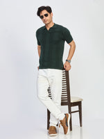Bottle Green Textured Knitted Polo T-Shirt