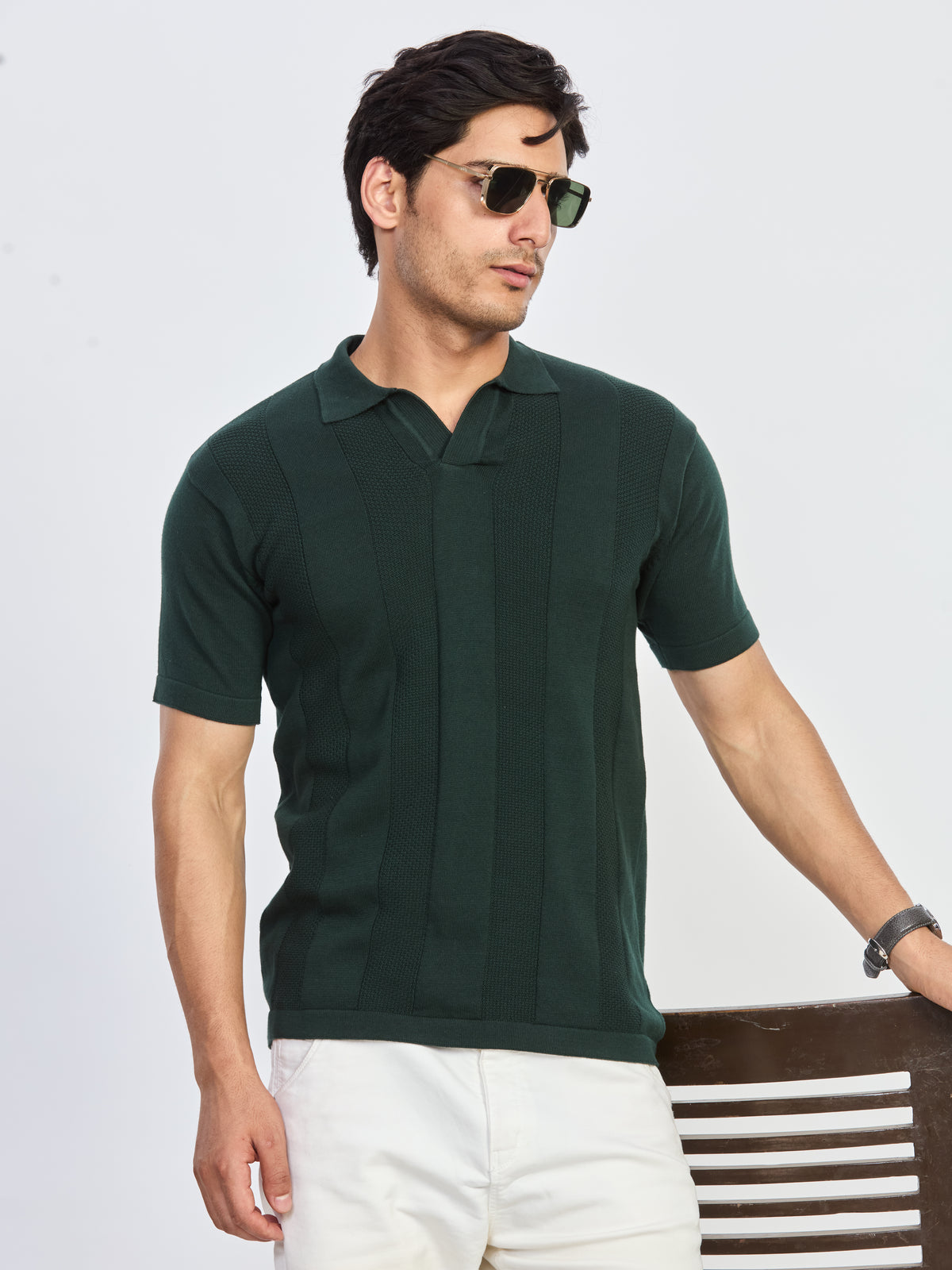 Bottle Green Textured Knitted Polo T-Shirt