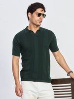 Bottle Green Textured Knitted Polo T-Shirt