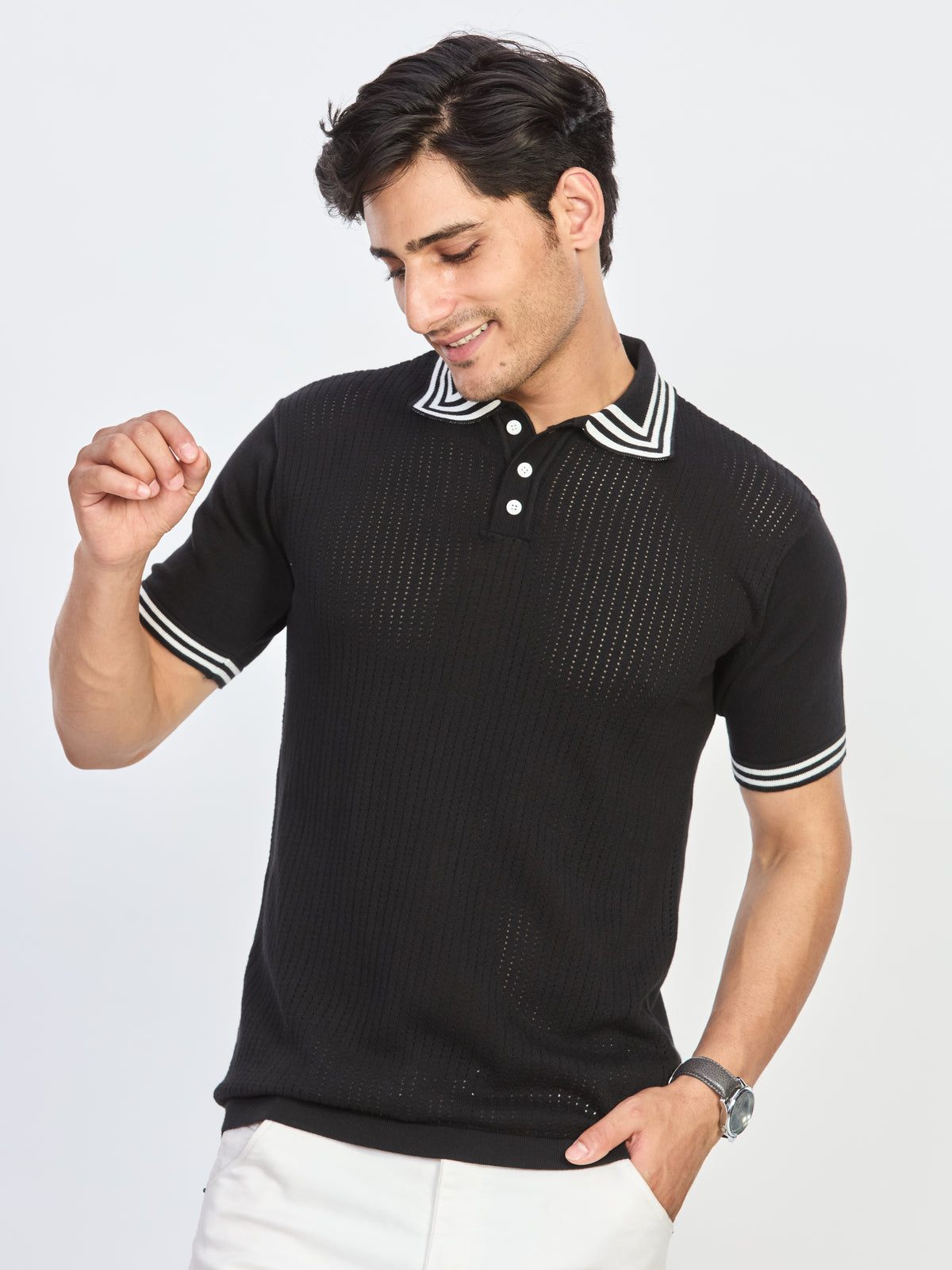 Black Contrast Stripe Knitted Polo T-Shirt