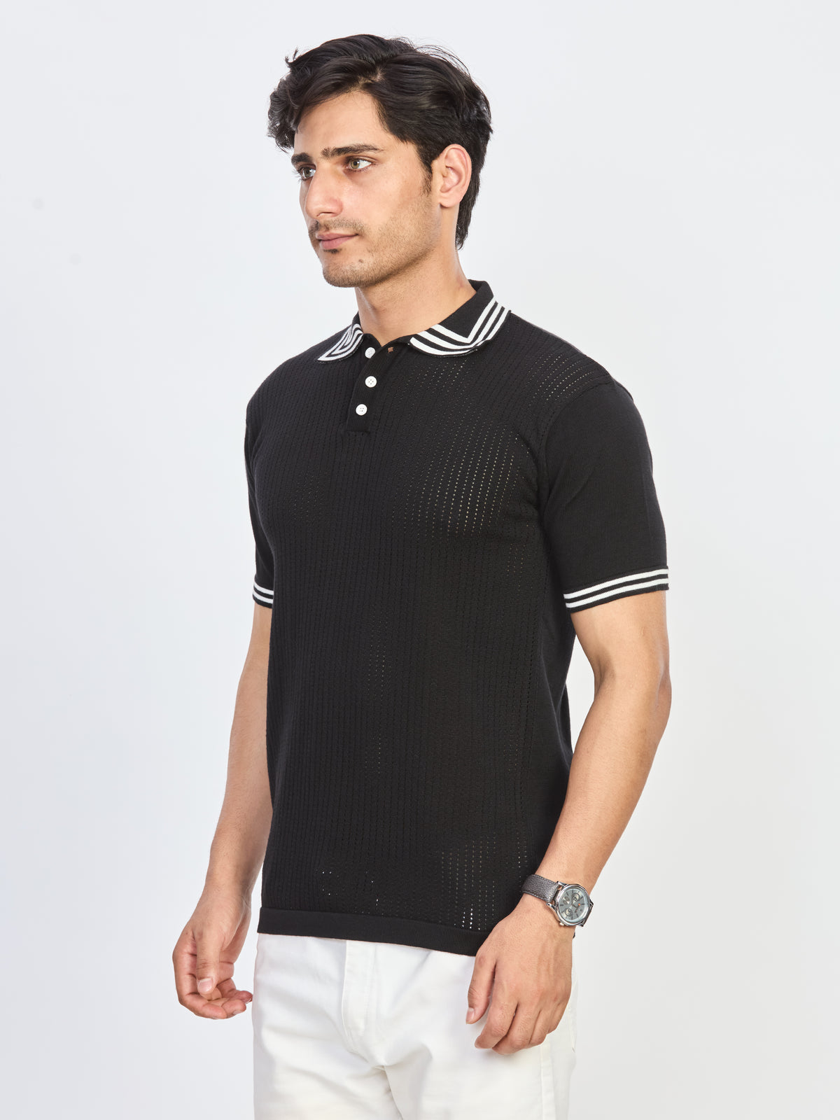 Black Contrast Stripe Knitted Polo T-Shirt